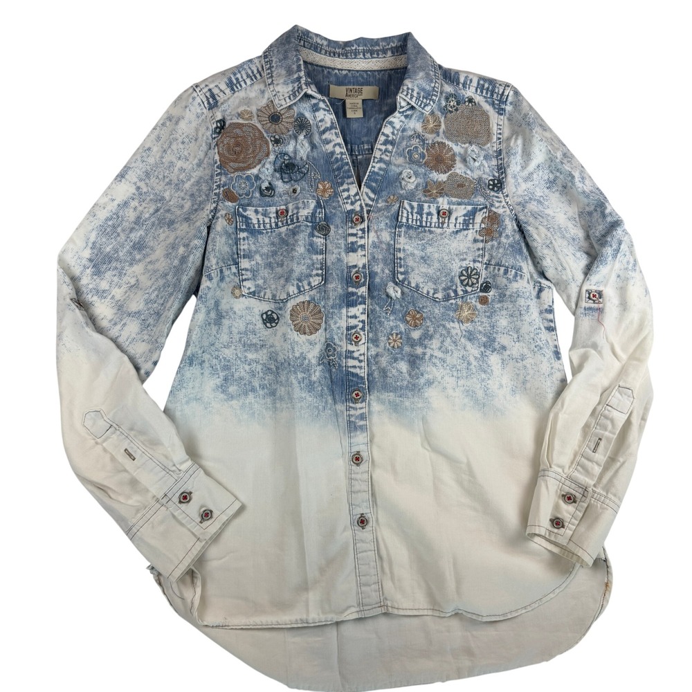 Vintage America Blues Embroidered Acid Wash Ombre Denim Shirt Blue White Small
